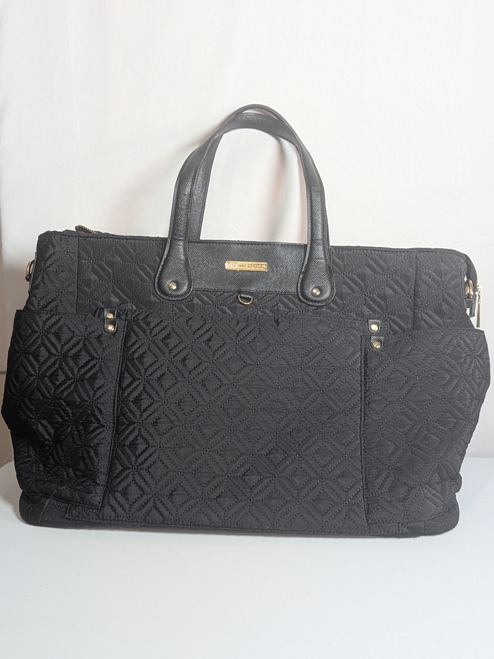 Adrienne Vittadini Black Quilted Tote Bag Red Satin Lining Large Shoulder Bag